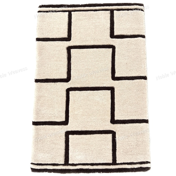 Hand Tufted New Zealand Wool Rug 8x10: Taupe Brown Geometric Carved Carpet