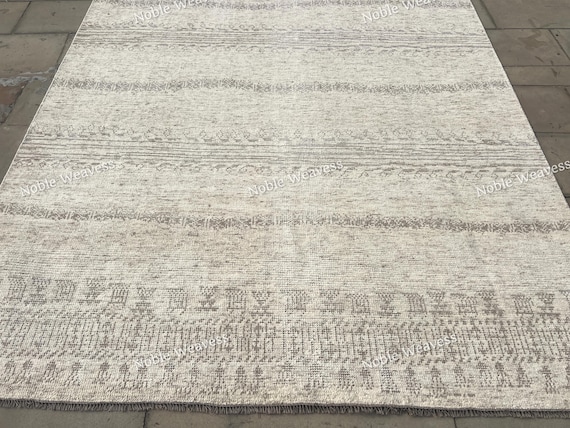 Hand Knotted New Zealand Wool Rug: Beige Gray Modern Area Carpet