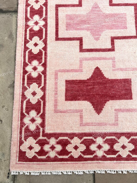 8x10 Hand Knotted Wool Oushak Rug — Pink Red Geometric Carpet for Living Room Bedroom