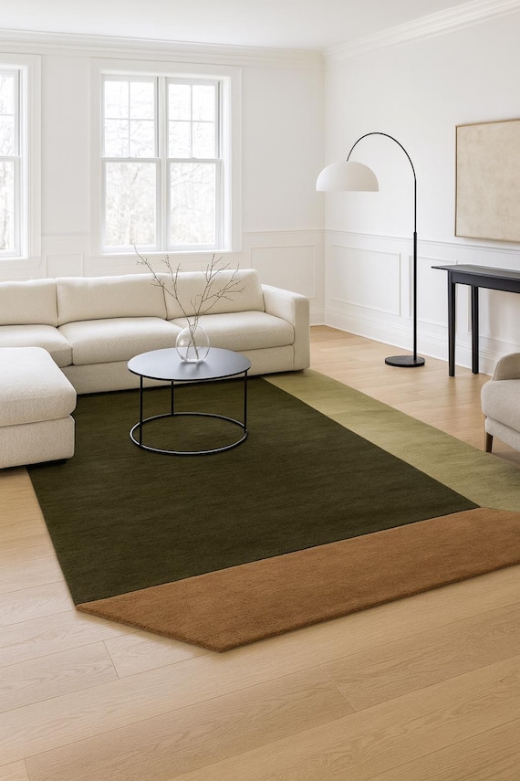 Hand Tufted Wool Rug – Modern Block Design – Olive Green, Light Green & Rust Brown
