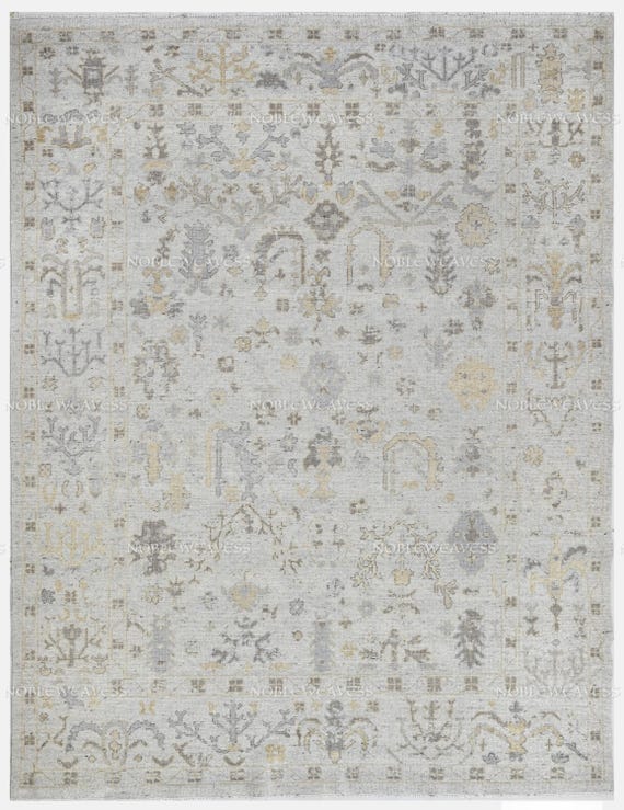 Hand Knotted Grey Ivory Oushak Rug, Traditional Wool Carpet, Vintage Floral Pattern Area Rug for Living Room or Bedroom Rug, 8x10 Area Rug