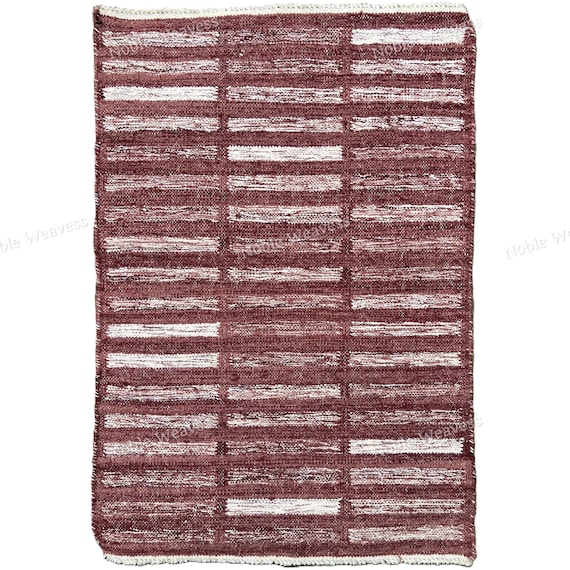 Handwoven Maroon Dhurrie Rug: Geometric Cotton Flatweave, Rustic Modern Decor
