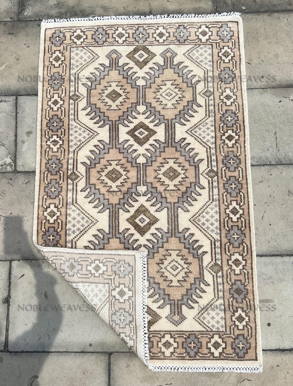 3x5 Hand Knotted Wool Rug — Ivory Beige Taupe Brown Tribal Design Carpet for Living Room