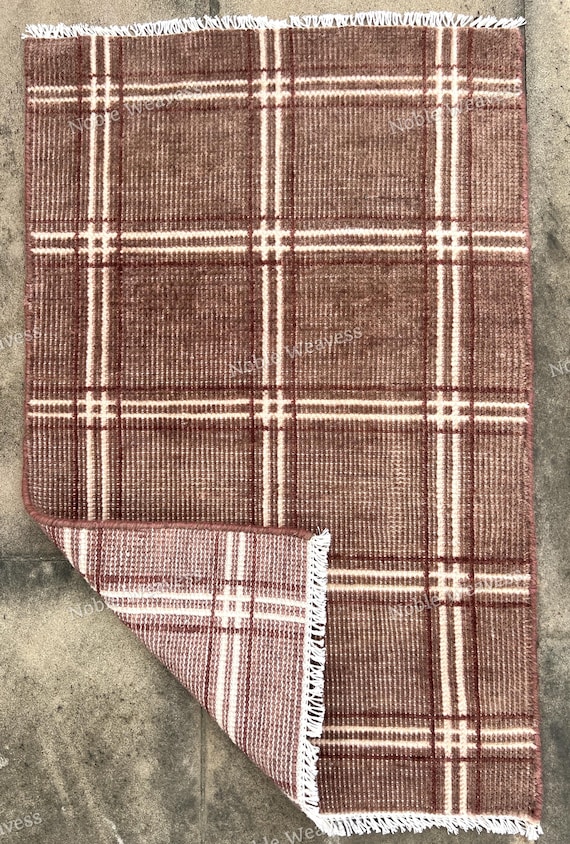 8x10 Hand Knotted Wool Rug — Brown Plaid Checkered Carpet for Living Room, Bedroom