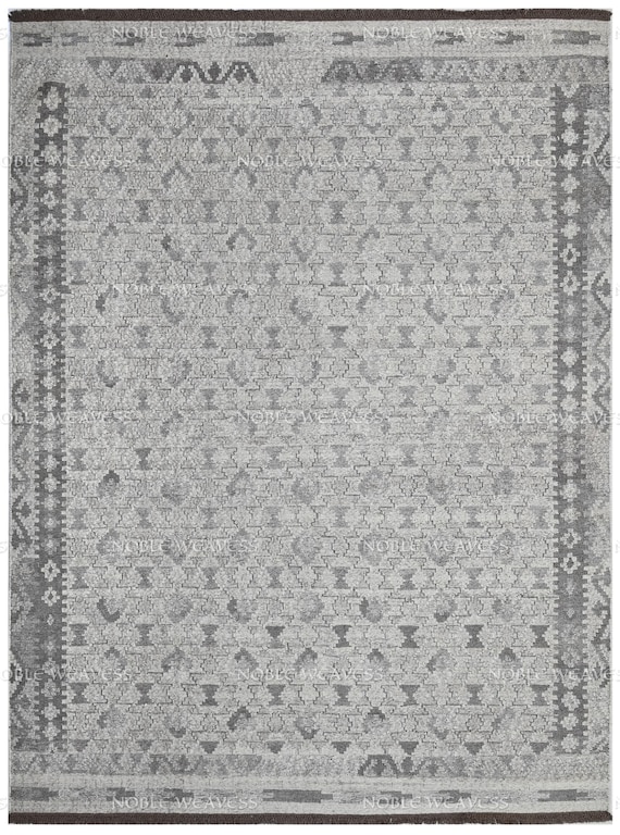 Handwoven Rug, Grey/Silver/Ash Grey, Oriental Kilim 8x10 Rug, large 9x12 Area Rug, Modern Textured Tribal Kilim Border Bedroom Living Rug