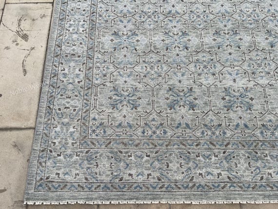 8x10 Hand Knotted Wool Oushak Rug — Blue Ivory Traditional Carpet for Living Room Bedroom