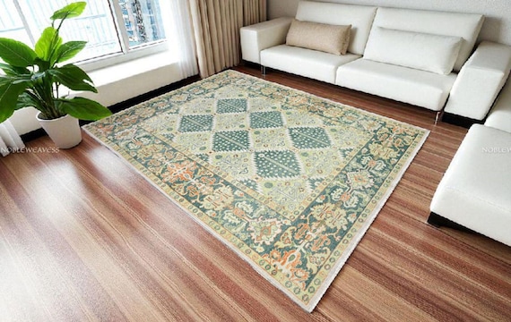 8x10 Hand knotted Oushak rug, green ivory rust geometric carpet for Living room, Bedroom
