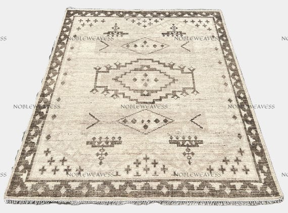 8x10 Hand knotted Oushak wool rug, ivory/beige, tribal pattern for Living room, Bedroom