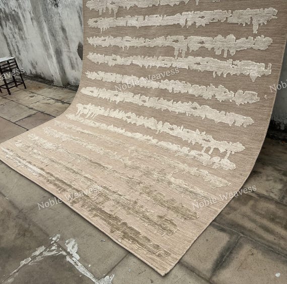Hand Knotted Wool Rug 8x10: Beige Ivory Abstract Striped Texture