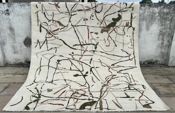 Hand Knotted Wool Abstract Rug 8x10: Ivory Modern Minimalist Carpet