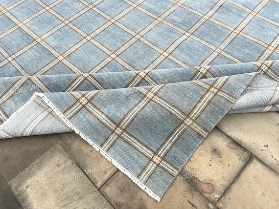 8x10 ft Hand Knotted Wool Plaid Rug, Modern Check Carpet for Living Room