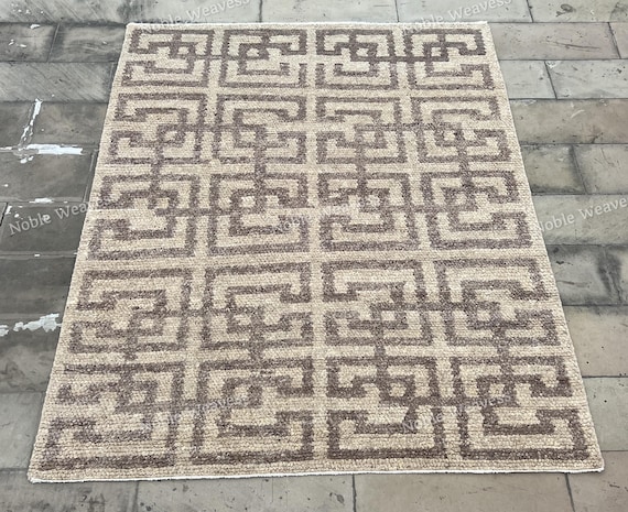 8x10 Hand knotted wool rug, beige taupe brown, geometric Carpet for Living room, Bedroom