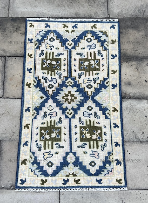 3x5 Hand Knotted Oushak Rug, Blue Green Ivory Wool Carpet, Tribal Geometric Turkish Design,