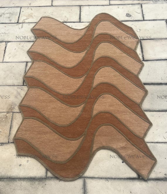8x10 Hand tufted wool rug, brown tan abstract wavy Carpet for Living room, Bedroom