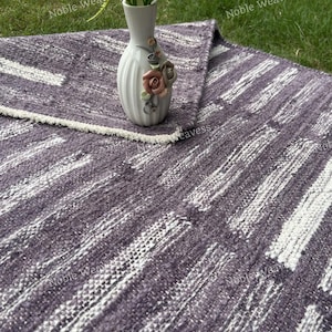 Handwoven Flatweave Wool Rug 3x5, Lavender Ivory Striped Dhurrie Carpet for Living Room Bedroom