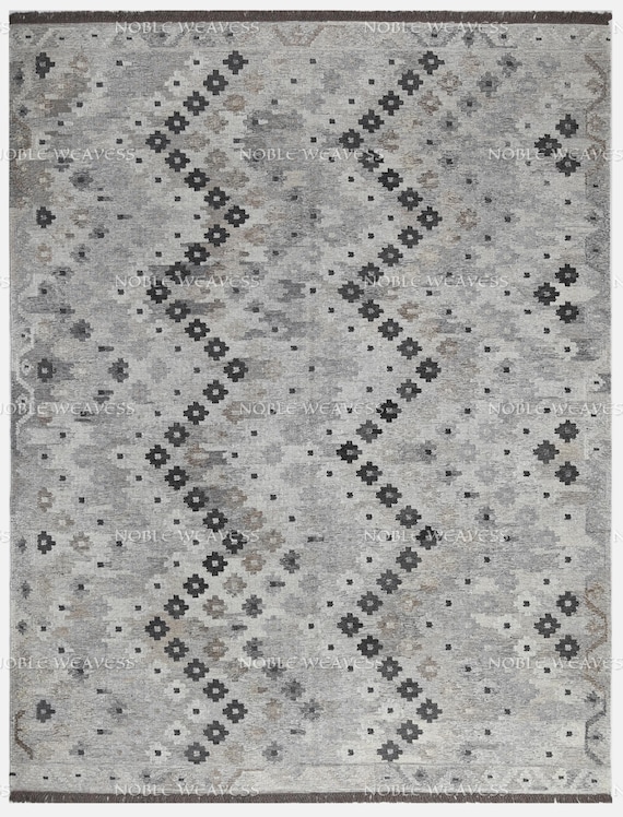 Handwoven Rug, Grey/Black/Brown/Ivory, Oriental Afghan 8x10 Rug, large 9x12 Rug, Modern Tribal Linear Dot Kilim Flat weave Living Dining Rug