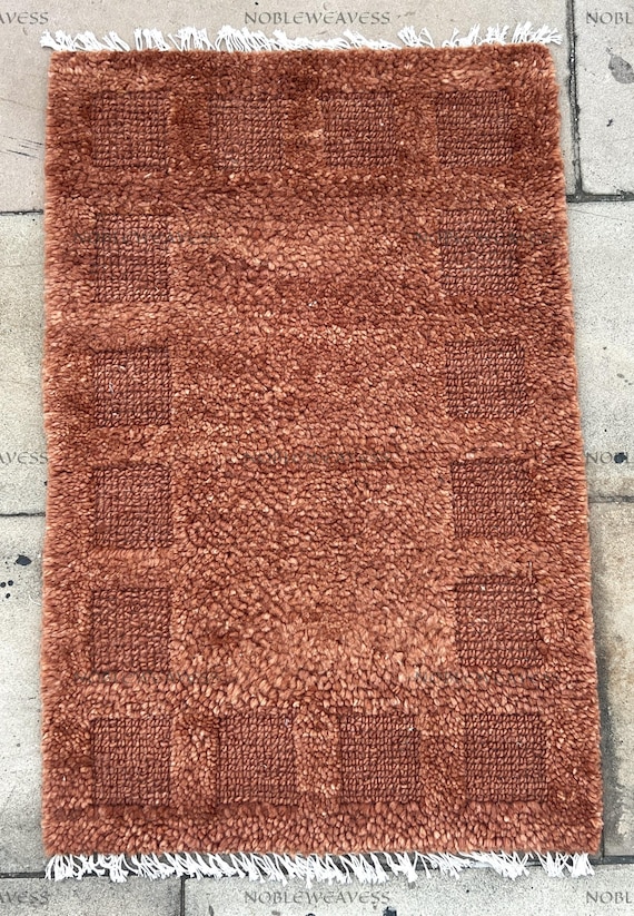 Hand Knotted Rust Wool Rug: High-Low Geometric Check, 8x10 9x12