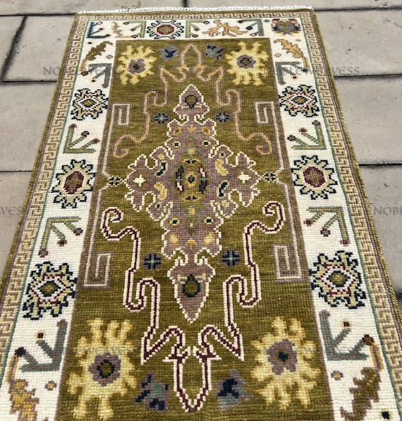 3x5 Hand Knotted Wool Oushak Rug: Olive Green, Medallion Carpet For Living Room, Bedroom