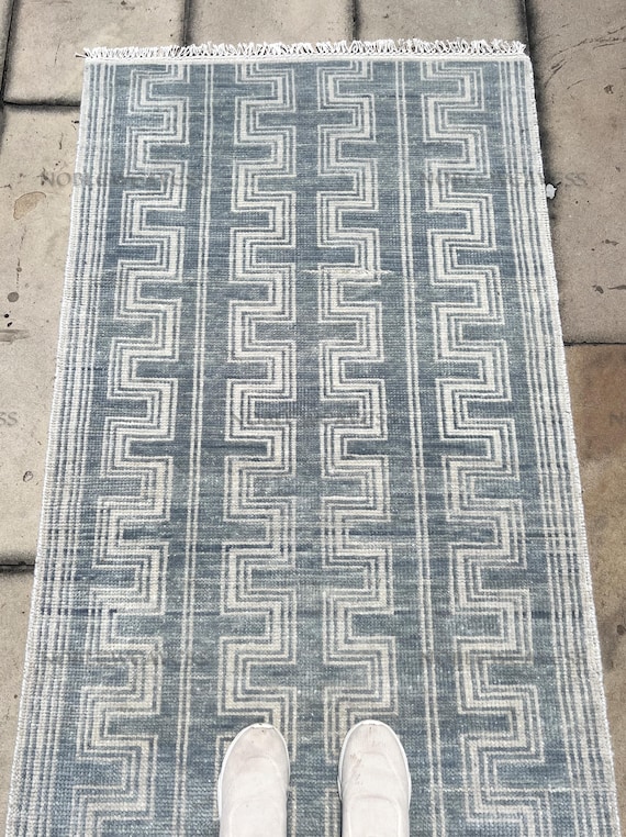 3x5 Hand knotted wool rug, blue ivory grey, geometric Carpet for Living Room, bedroom
