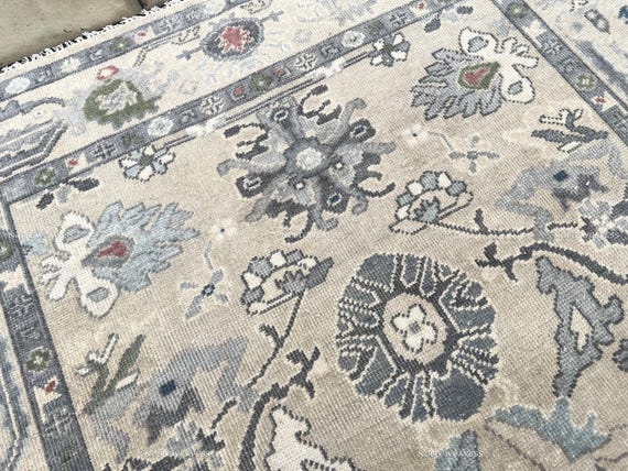 8x10 Hand Knotted Oushak Wool Rug, Ivory/Beige/Gray, Carpet for Living Room, Bedroom