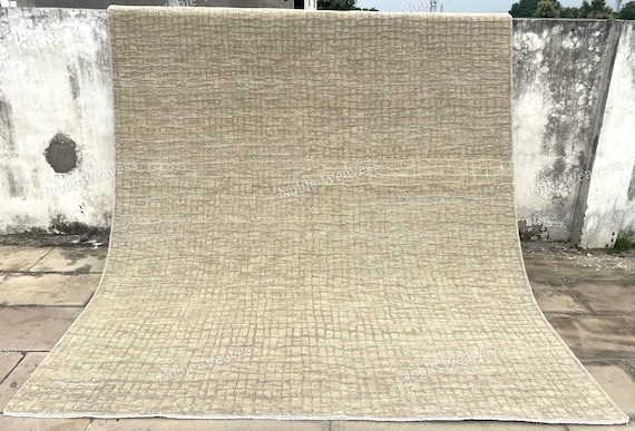 8x10 Hand knotted wool rug, beige ivory, grid textured Carpet for Living room, Bedroom