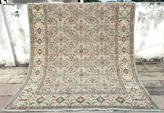 8x10 Hand knotted Oushak rug, blue rust green, floral Carpet for Living room, Bedroom