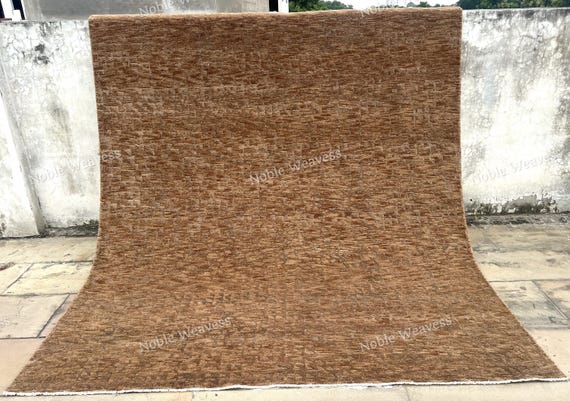 8x10 Hand knotted wool rug, brown taupe textured abstract solid for Living room, Bedroom