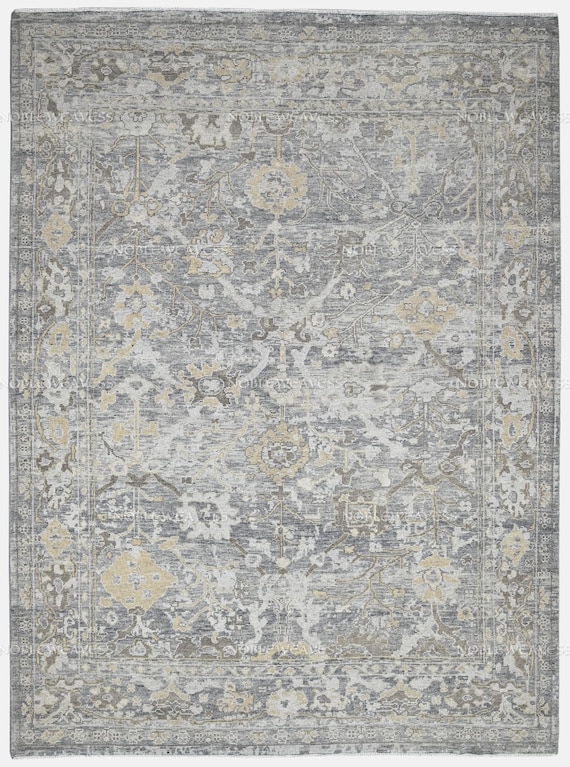 Hand Knotted Grey and Ivory Oushak Rug, Vintage Distressed Floral Wool Carpet, Traditional Turkish Area Rug for Neutral Room Décor, 8x10 Rug