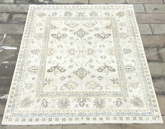8x10 Hand knotted Oushak wool rug, ivory beige blue floral for Living room, Bedroom