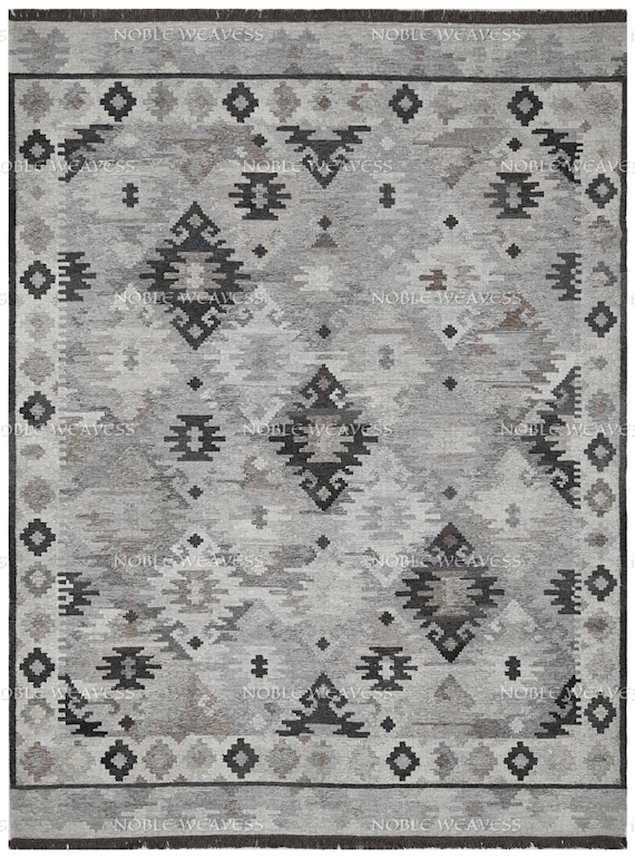 Handwoven Rug, Grey/Black/Beige/Ivory, Oriental Afghan 8x10 Rug, large 9x12 Area Rug, Modern Geometric Tribal Kilim Flat weaves bohemian Rug