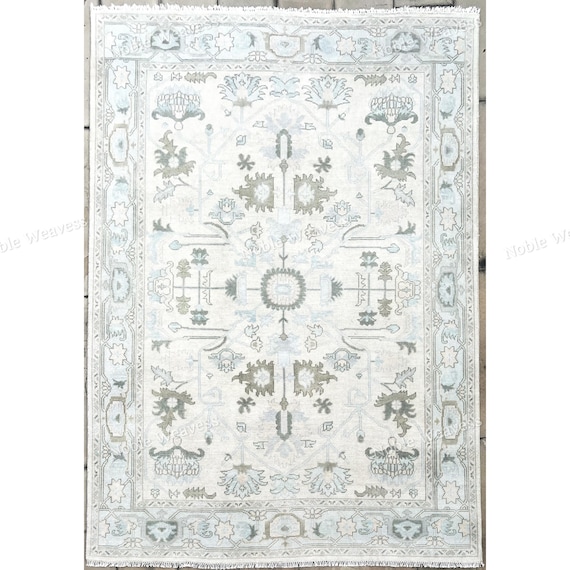 8x10 Oushak Hand Knotted Wool Rug — Ivory Beige Blue Traditional Oriental Carpet for Living Room