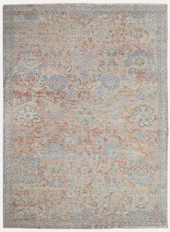 8x10 Hand Knotted Wool Oushak Rug — Peach, Blue, Floral Carpet for Living Room Bedroom