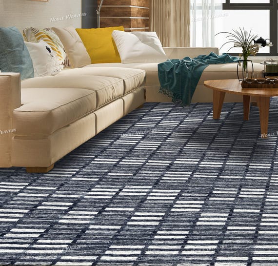 Blue and Ivory Geometric Wool Rug: Modern Handwoven Flatweave