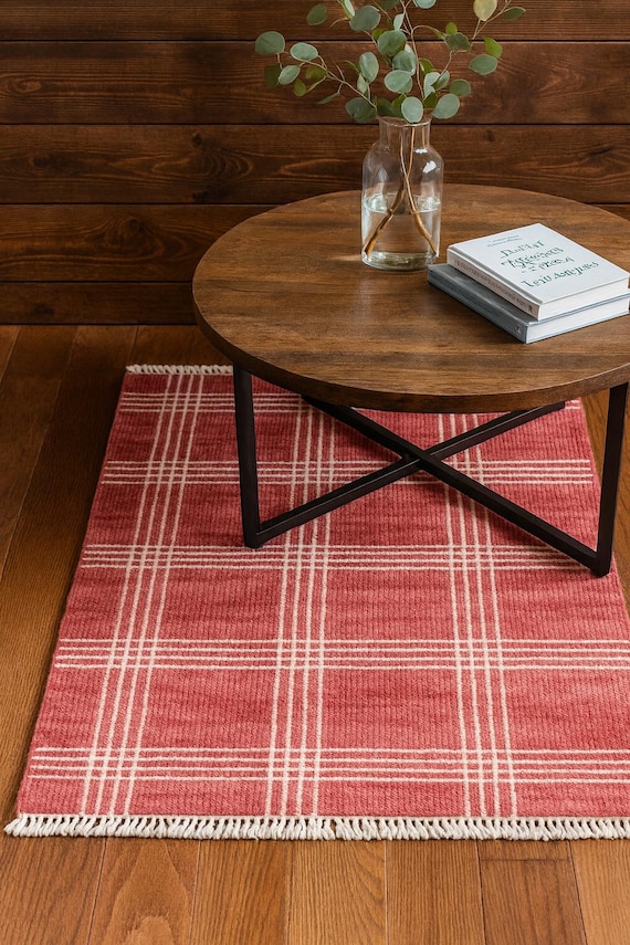 8x10 Hand knotted Oushak rug, red ivory, checkered design Carpet for Living room, Bedroom