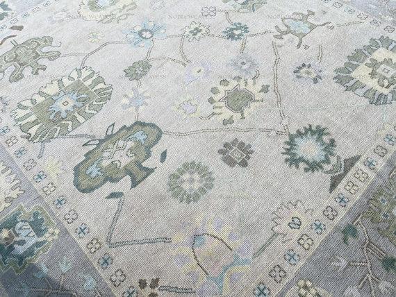 8x10 Oushak Wool Rug, Hand Knotted Blue Green Ivory Carpet, Vintage Floral Wool Area Rug 9x12