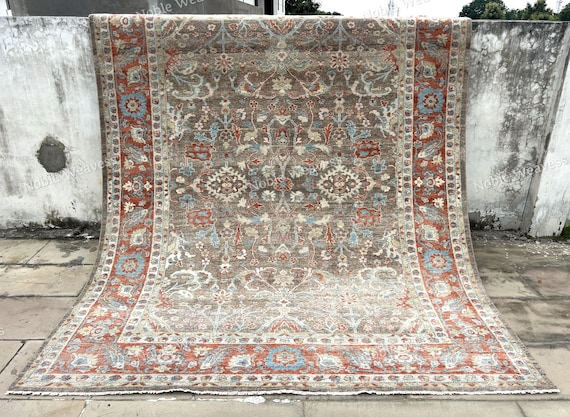 8x10 Hand knotted Oushak rug, rust ivory grey, floral carpet for Living room, Bedroom
