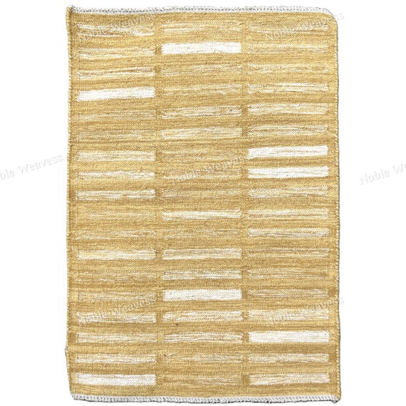 Mustard Yellow Handwoven Dhurrie Rug: Modern Geometric Flatweave