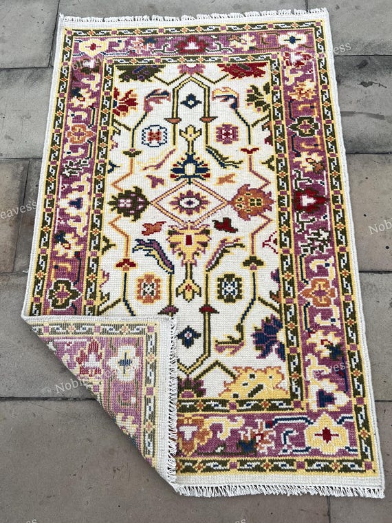 Hand Knotted Turkish Oushak Wool Rug: Ivory, Red, Yellow - Custom Size