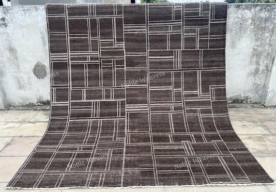 Hand Knotted Wool Rug: Deep Brown Modern Grid, Geometric Area Rug