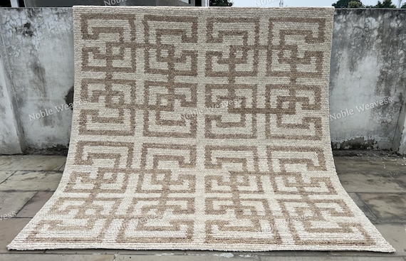 8x10 Hand knotted wool rug: beige Taupe, geometric maze Carpet for Living room, Bedroom