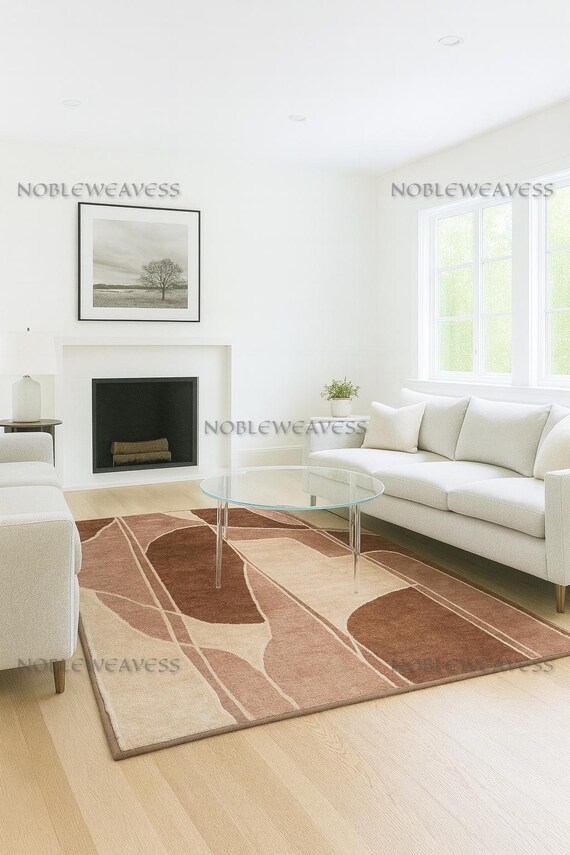 8x10 Hand Tufted Wool Rug, Abstract Geometric Brown Beige Blush Living Room Bedroom