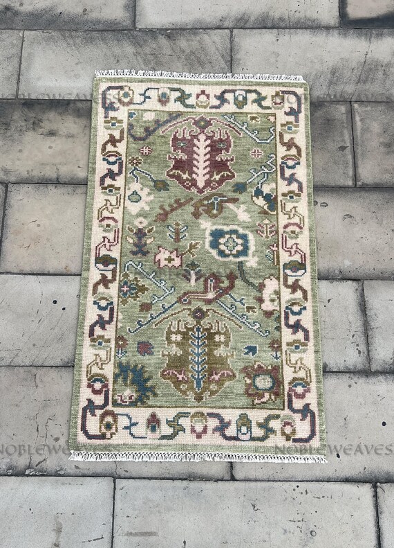 3x5 Hand Knotted Wool Oushak Rug, Burgundy Blue Sage Green Living Room Bedroom