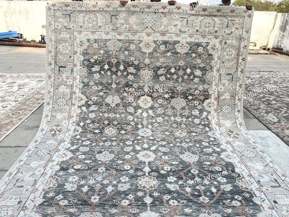 8x10 Hand knotted Oushak rug, grey ivory beige, floral Carpet for Living room, Bedroom