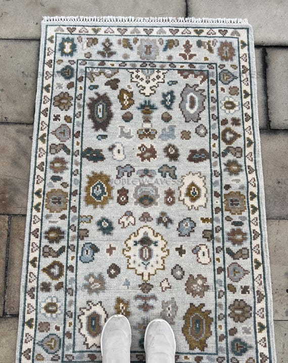 3x5 Hand knotted Oushak rug, blue grey brown floral Carpet for Living room, Bedroom