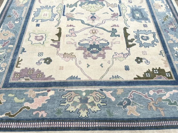 8x10 Hand knotted Oushak wool rug, blue ivory, floral carpet for Living room, Bedroom