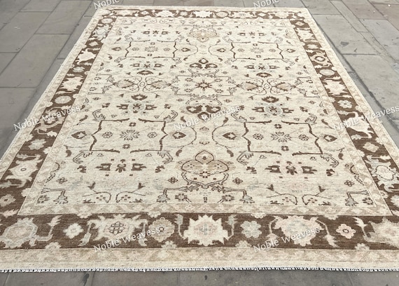 8x10 Hand knotted Oushak rug, ivory beige brown floral carpet for Living room, Bedroom
