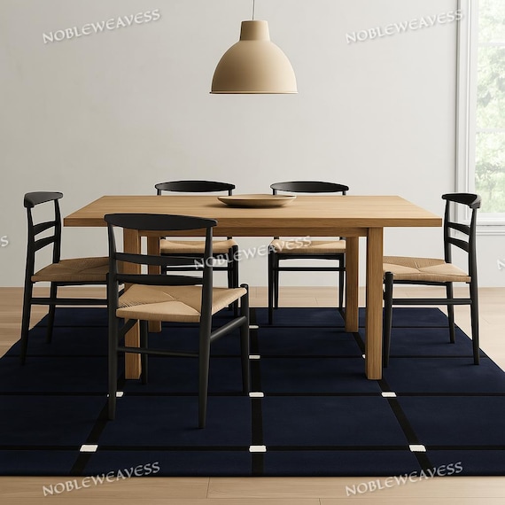 Hand Tufted New Zealand Wool Rug: Navy Blue Grid Design
