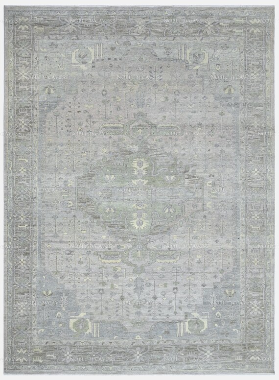 Hand-knotted grey green rug with faded medallion floral design – ideal for transitional interiors, bedrooms, and elegant neutral spaces Rug