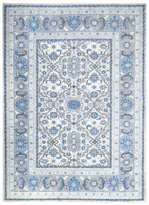 Hand-Knotted Wool Rug: Blue Ivory Floral Medallion, 8x10 Ft.