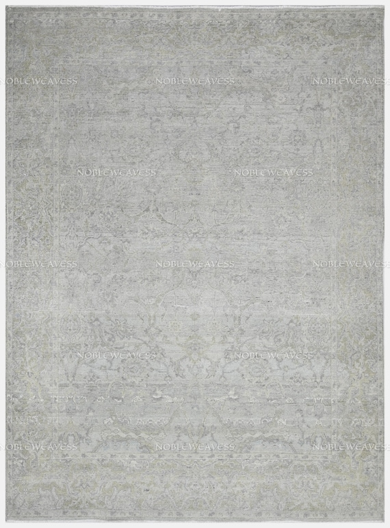 Hand Knotted Green Grey Rug, Vintage Distressed Floral Carpet, Faded Look Transitional Area Rug, Soft Wool Traditional Rug for Hallway